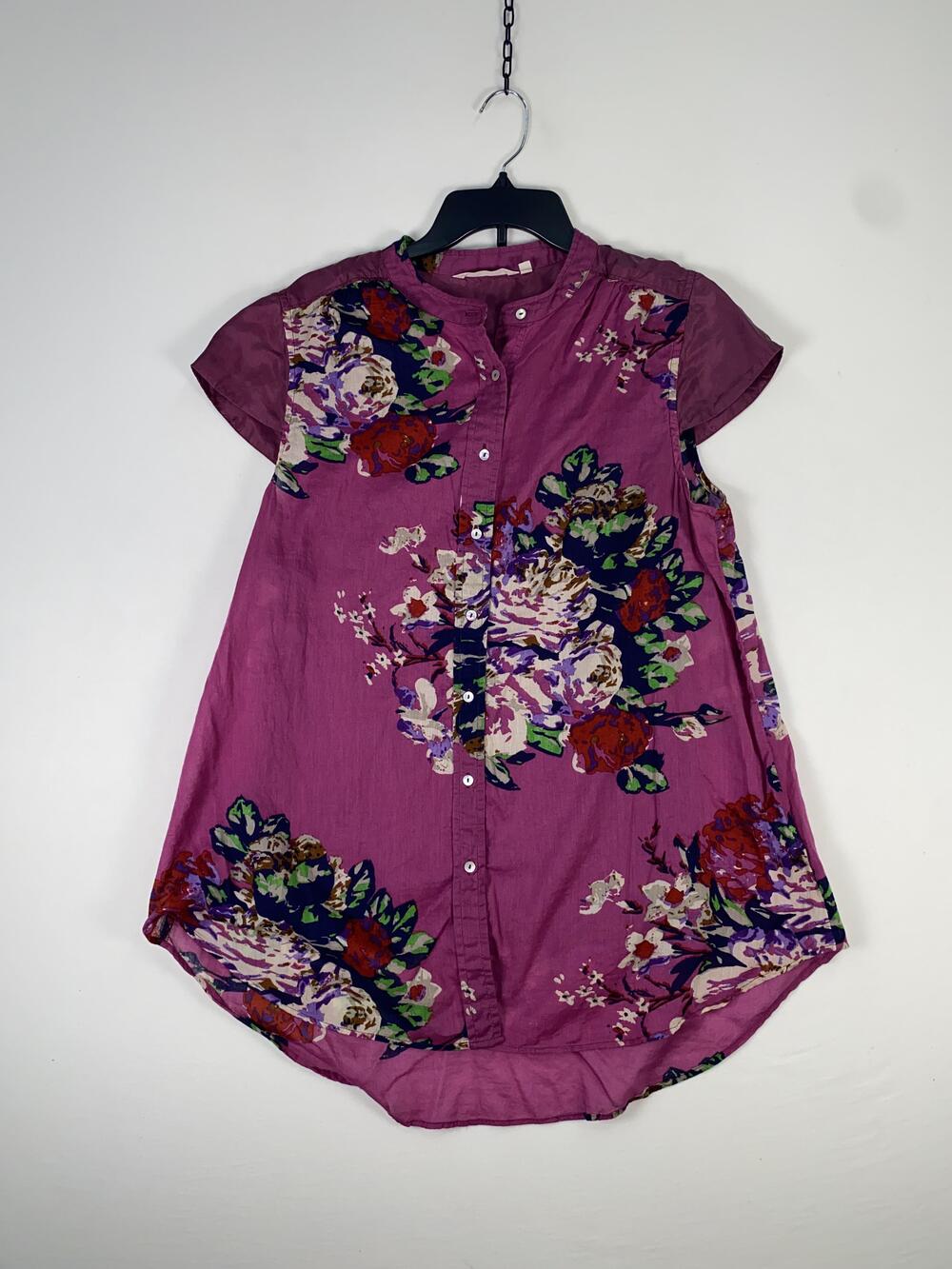 Soft Surroundings Blouse Womens Large Purple Floral Short Sleeve Tunic Top